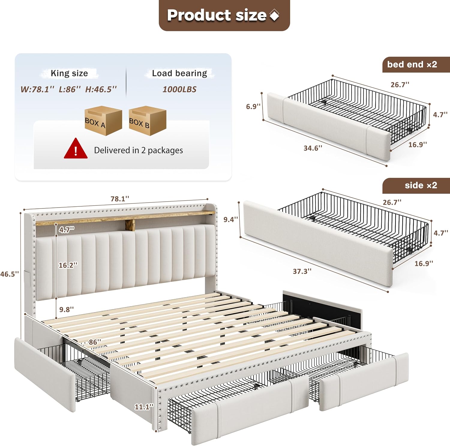 King Size Bed Frame with 4 Sto - King Size Bed Frame With Storage Drawers recension och pris